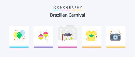 Téléchargez les illustrations : Pack de 5 icônes plat carnaval brésilien avec photo. caméra. costume. Un t-shirt. pays. Icônes créatives Design - en licence libre de droit