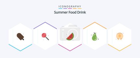 Téléchargez les illustrations : Boisson alimentaire d'été 25 Pack icône plat y compris. la nourriture. citron. l'été. poire - en licence libre de droit
