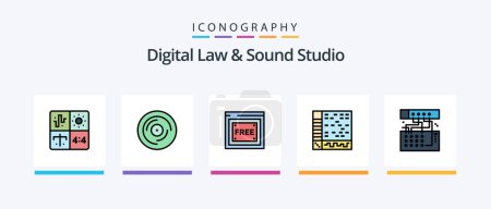 Téléchargez les illustrations : Digital Law And Sound Studio Line Rempli Pack de 5 icônes incluant l'audio. casque. échantillon mp. pont. cassette. Icônes créatives Design - en licence libre de droit