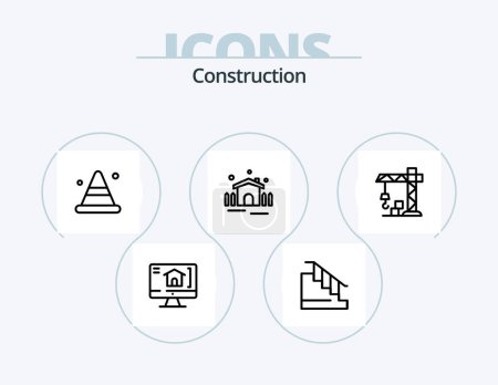 Téléchargez les illustrations : Ligne de construction Icône Pack 5 Icône Design. construction. à la maison. brouette. Descendez. maison - en licence libre de droit
