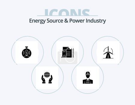Illustration for Energy Source And Power Industry Glyph Icon Pack 5 Icon Design. wind. industry. green. factory. building - Royalty Free Image