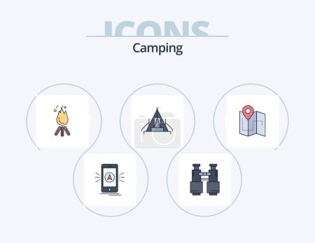 Téléchargez les illustrations : Ligne de camping rempli Icône Pack 5 Icône Design. feu de joie. feu. gps. ouverture. capture - en licence libre de droit
