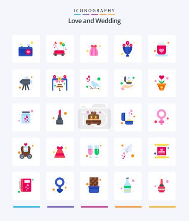 Téléchargez les illustrations : Creative Wedding 25 Pack d'icônes plates telles que le café d'amour. café. Mariée. présent. bouquet - en licence libre de droit