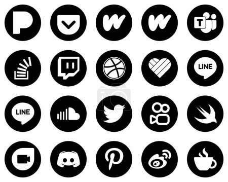 Téléchargez les illustrations : 20 Minimalist White Social Media Icons on Black Background such as twitter. sound. stock. soundcloud and likee icons. Creative and high-resolution - en licence libre de droit