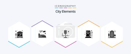 Téléchargez les illustrations : City Elements 25 Glyph icon pack including living area. city. traffic. building. gas - en licence libre de droit