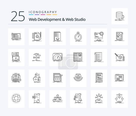 Téléchargez les illustrations : Pack d'icônes Web Development And Web Studio 25 Line incluant l'optimisation. C'est fait. rétroaction. mark. liste - en licence libre de droit
