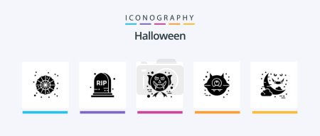 Téléchargez les illustrations : Pack d'icônes Halloween Glyphe 5 y compris fantôme. lune. visage. halloween. chat. Icônes créatives Design - en licence libre de droit