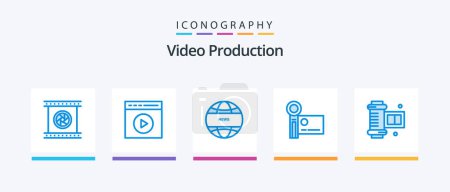 Illustration for Video Production Blue 5 Icon Pack Including recording. digital camera. video play. camcorder. international news. Creative Icons Design - Royalty Free Image