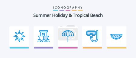 Téléchargez les illustrations : Pack d'icônes Beach Blue 5 Y compris l'été. fruits. Parapluie. sous l'eau. lunettes de protection. Icônes créatives Design - en licence libre de droit