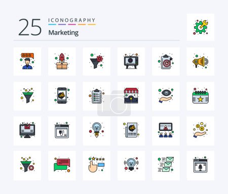 Ilustración de Marketing 25 Line Pack de iconos rellenos incluyendo portapapeles. pantalla. filtro. Juega. publicidad - Imagen libre de derechos