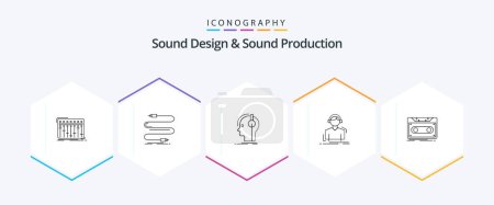 Téléchargez les illustrations : Pack icône Sound Design And Sound Production 25 Line comprenant l'écoute. ingénieur. son. son. musicien - en licence libre de droit