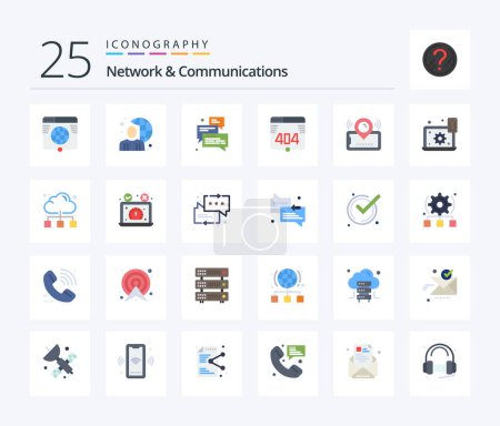 Téléchargez les illustrations : Network And Communications 25 Flat Color icon pack including web. computer. male. arrow. messages - en licence libre de droit