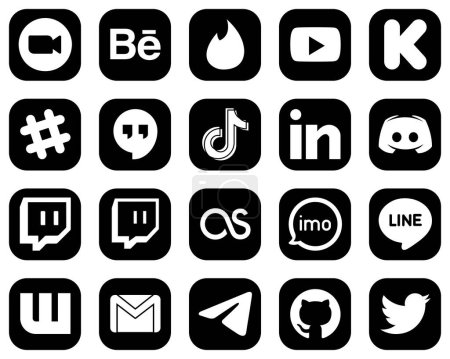Téléchargez les illustrations : 20 Icônes de médias sociaux blancs de haute qualité sur fond noir tels que linkedin. Chine. kickstarter. icônes vidéo et tiktok. Personnalisable et unique - en licence libre de droit