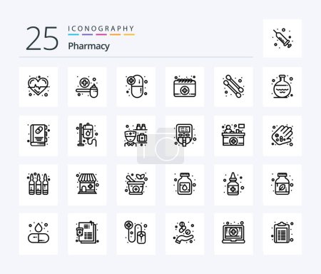 Téléchargez les illustrations : Pharmacy 25 Line icon pack including cotton swab. medical. scoop. calendar. medications - en licence libre de droit