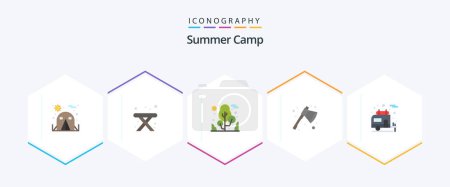 Téléchargez les illustrations : Camp d'été 25 Pack icône plat inclus. camping-car. camper. camper. couperet - en licence libre de droit
