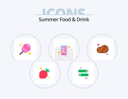 Téléchargez les illustrations : Aliments et boissons d'été Flat Icon Pack 5 Icon Design. la nourriture. viande. coton. bbq. soda - en licence libre de droit