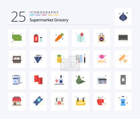Illustration for Grocery 25 Flat Color icon pack including code. bar. vegetable. purse. handbag - Royalty Free Image