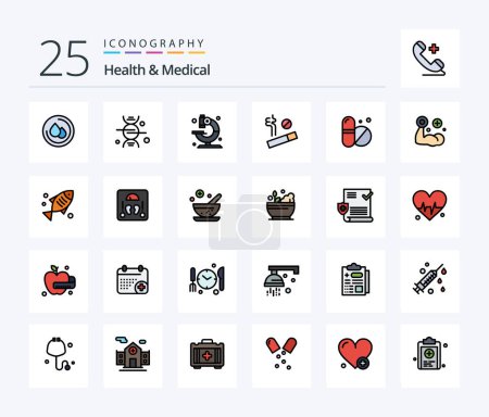 Téléchargez les illustrations : Health And Medical 25 Line Filled icon pack including fitness. pills. medical. medical. smoke - en licence libre de droit