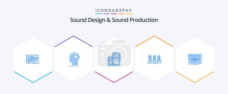 Téléchargez les illustrations : Sound Design And Sound Production 25 Blue icon pack including lamp. amplifier. producer. studio. monitor - en licence libre de droit