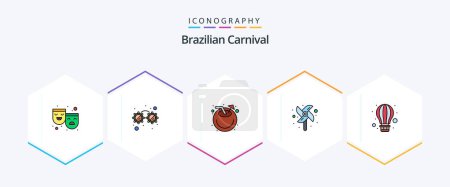 Ilustración de Carnaval brasileño 25 FilledLine paquete de iconos, incluyendo el aire caliente. globo. coco. aire. molino de viento - Imagen libre de derechos