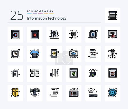 Téléchargez les illustrations : Information Technology 25 Line Filled icon pack including security. lock. notification. cyber. hdd - en licence libre de droit