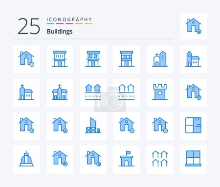 Ilustración de Edificios 25 Blue Color paquete de iconos incluyendo la vivienda. patrimonio. propiedad. monasterio. iglesia - Imagen libre de derechos
