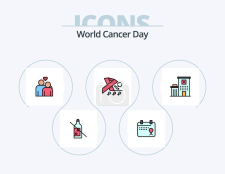 Téléchargez les illustrations : World Cancer Day Line Filled Icon Pack 5 Icon Design. woman. breast cancer. hospital. care. cancer - en licence libre de droit
