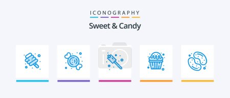 Téléchargez les illustrations : Pack de 5 icônes Sweet And Candy Blue incluant le dessert. Des bonbons. camper. Un muffin. dessert. Icônes créatives Design - en licence libre de droit