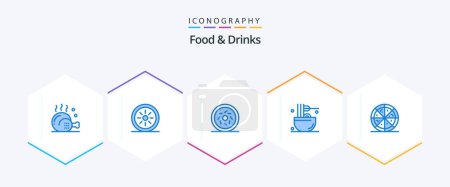 Téléchargez les illustrations : Food and Drinks 25 Blue icon pack including pizza. snack. donut. meal. drinks - en licence libre de droit