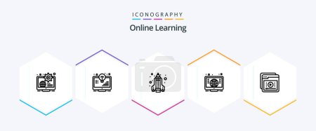 Illustration for Online Learning 25 Line icon pack including e-learning. learning. light bulb. global. science - Royalty Free Image