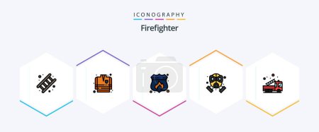 Téléchargez les illustrations : Pompier 25 FilledLine icône pack y compris d'urgence. protection. accès. masque. feu - en licence libre de droit