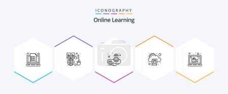 Illustration for Online Learning 25 Line icon pack including book. education. world wide. cloud. projector - Royalty Free Image