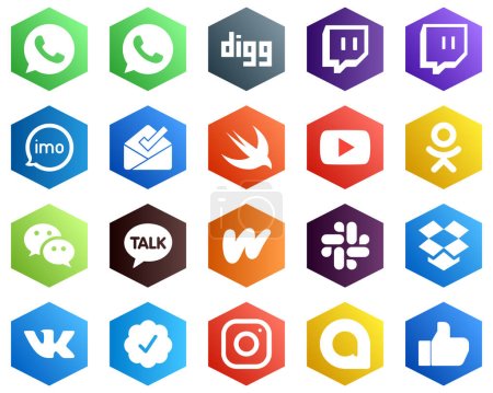 Illustration for Hexagon Flat Color White Icon Pack such as slack. wattpad. swift. kakao talk and wechat icons. 25 Unique Icons - Royalty Free Image