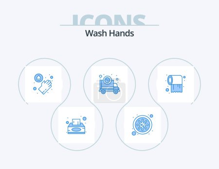 Téléchargez les illustrations : Laver les mains Icône bleue Pack 5 Icône Design. Roule. virus. les mains. transmission. corona - en licence libre de droit