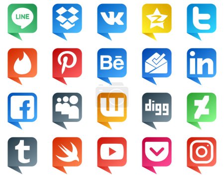 Illustration for 20 Professional Chat bubble style Social Media Icons such as myspace. fb. tinder. facebook and linkedin icons. High quality and creative - Royalty Free Image