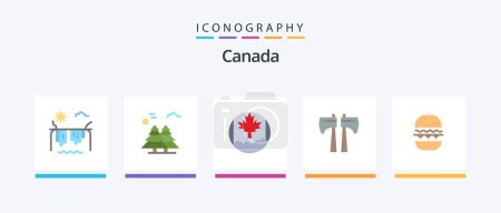 Téléchargez les illustrations : Pack de 5 icônes Canada plat, y compris manger. Un burger. scandinavie. scie à bois. La hache. Icônes créatives Design - en licence libre de droit