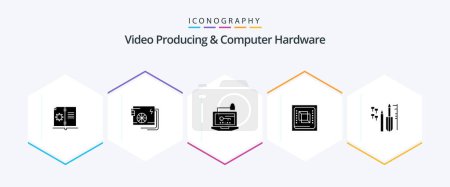 Illustration for Video Producing And Computer Hardware 25 Glyph icon pack including hardware. computer. supply. chip. key - Royalty Free Image