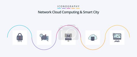 Téléchargez les illustrations : Network Cloud Computing And Smart City Line Filled Flat 5 Icon Pack Including storage. telecommunication. discussion. communication. broadcast - en licence libre de droit