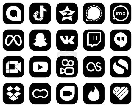 Illustration for 20 Unique White Social Media Icons on Black Background such as facebook. video and imo icons. Elegant and minimalist - Royalty Free Image