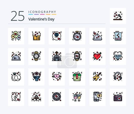Téléchargez les illustrations : Valentines Day 25 Line Filled icon pack including food. love. honeymoon. alarm. clock - en licence libre de droit