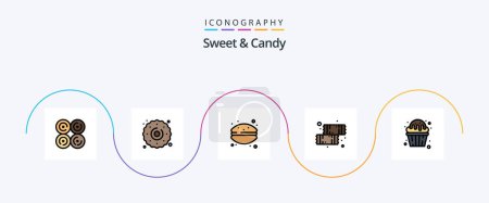 Téléchargez les illustrations : Doux et bonbons ligne rempli plat pack de 5 icônes y compris le dessert. Des bonbons. gâteau. la nourriture. chocolat - en licence libre de droit