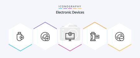 Illustration for Devices 25 Line icon pack including photo. camera. disc. hardware. devices - Royalty Free Image