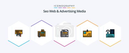 Illustration for Seo Web And Advertising Media 25 FilledLine icon pack including device. pass. newspaper. identity. card - Royalty Free Image