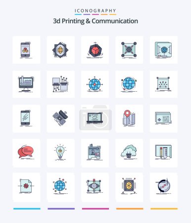 Téléchargez les illustrations : Creative 3d Printing And Communication 25 Line FIlled icon pack  Such As data. center. forming. base. modification - en licence libre de droit