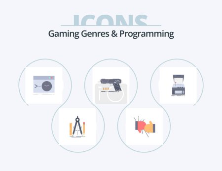 Ilustración de Géneros de juegos y programación Flat Icon Pack 5 Icon Design. Pistola. Pistola. Pelea. terminal. raíz - Imagen libre de derechos