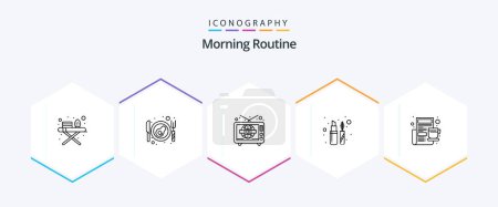 Illustration for Morning Routine 25 Line icon pack including newspaper. cup. tv. breakfast. liner - Royalty Free Image