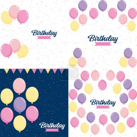 Ilustración de Happy Birthday in a playful. bubbly font with a background of balloons and party streamers - Imagen libre de derechos