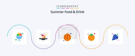 Téléchargez les illustrations : Summer Food and Drink Flat 5 Icon Pack Including fruits. food. fruits. vegetable. mangosteen - en licence libre de droit