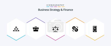 Téléchargez les illustrations : Business Strategy And Finance 25 Glyph icon pack including currency . business . scale. justice - en licence libre de droit