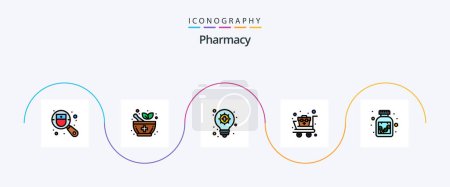 Téléchargez les illustrations : Ligne de pharmacie rempli plat pack de 5 icônes y compris. médicaments. ampoule. drogues. chariot médical - en licence libre de droit